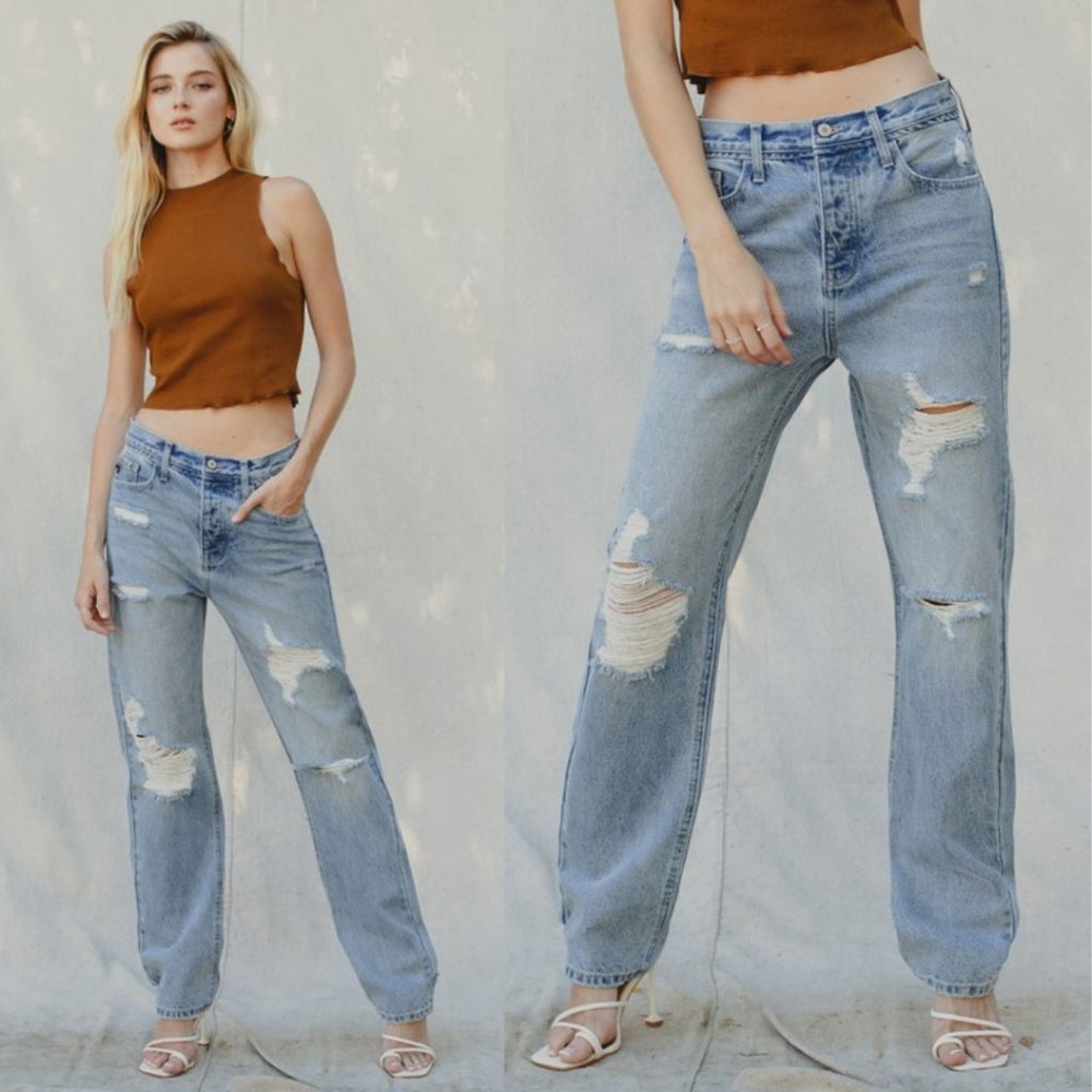 KanCan High Rise Button Closure Distressed 90's Boyfriend Jeans